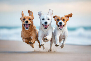 Joyful Dogs Running Freely on the Sandy Beach at Sunset