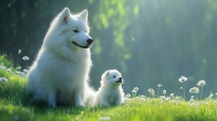 Samoyed dog with her tiny puppy, both sitting on a green grassy field, looking calm and serene