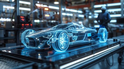 Fototapeta premium A futuristic concept car design displayed in a modern factory.