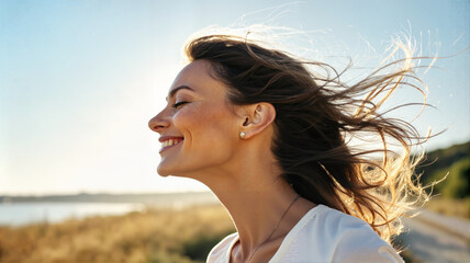 Woman smiling in sunlight with wind in her hair.
