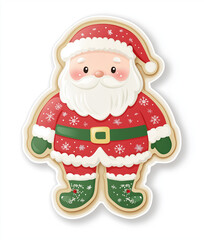 A cartoon-style full-body Santa Claus Christmas cookie sticker with a straight face, red shirt, green belt, and boots, decorated with snowflakes and stars
