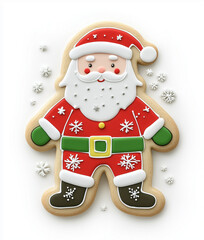 A cartoon-style full-body Santa Claus Christmas cookie sticker with a straight face, red shirt, green belt, and boots, decorated with snowflakes and stars