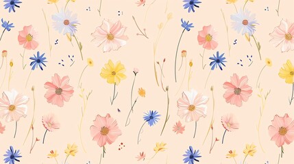 A seamless pattern of pink, white, blue and yellow flowers on a peach background.