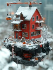 A miniature house in a snowy landscape with a crane and construction workers.