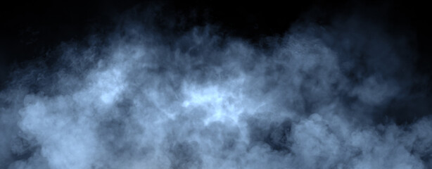 Panoramic view blue misty fire smoke on isolated background. Abstract texture overlays for copyspace. Stock illustration.