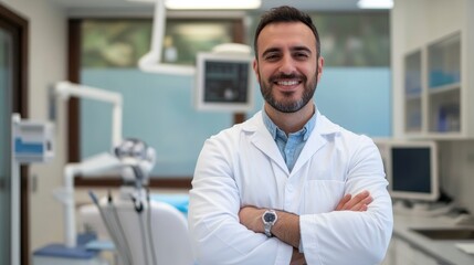 Handsome male dentist standing in his dental office, arms crossed and smiling at the camera with professional equipment in the background