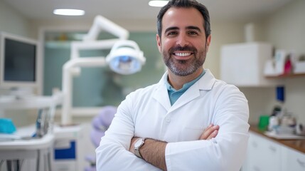 Fototapeta premium Handsome male dentist standing in his dental office, arms crossed and smiling at the camera with professional equipment in the background