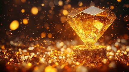 A gem-inspired trophy radiates amidst bright gold sparks, representing victory and excellence in a dazzling and captivating artistic expression.