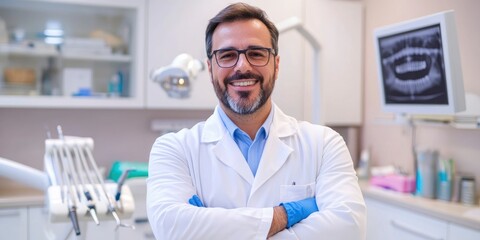 Handsome male dentist standing in his dental office, arms crossed and smiling at the camera with professional equipment in the background