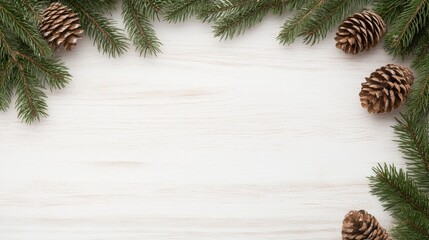 White wooden background with pine tree branches and cones, forming the shape of an arch on top. Christmas card template for design, photographed from above.