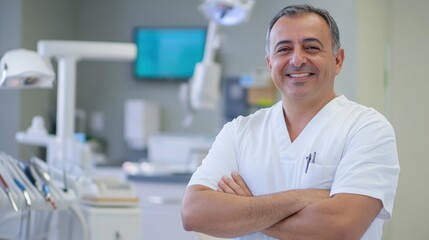 Fototapeta premium Handsome male dentist standing in his dental office, arms crossed and smiling at the camera with professional equipment in the background