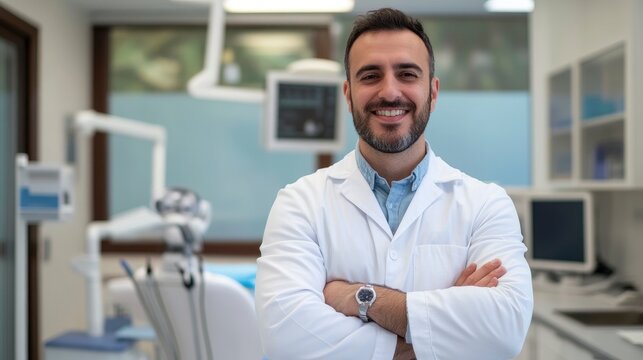 Handsome male dentist standing in his dental office, arms crossed and smiling at the camera with professional equipment in the background