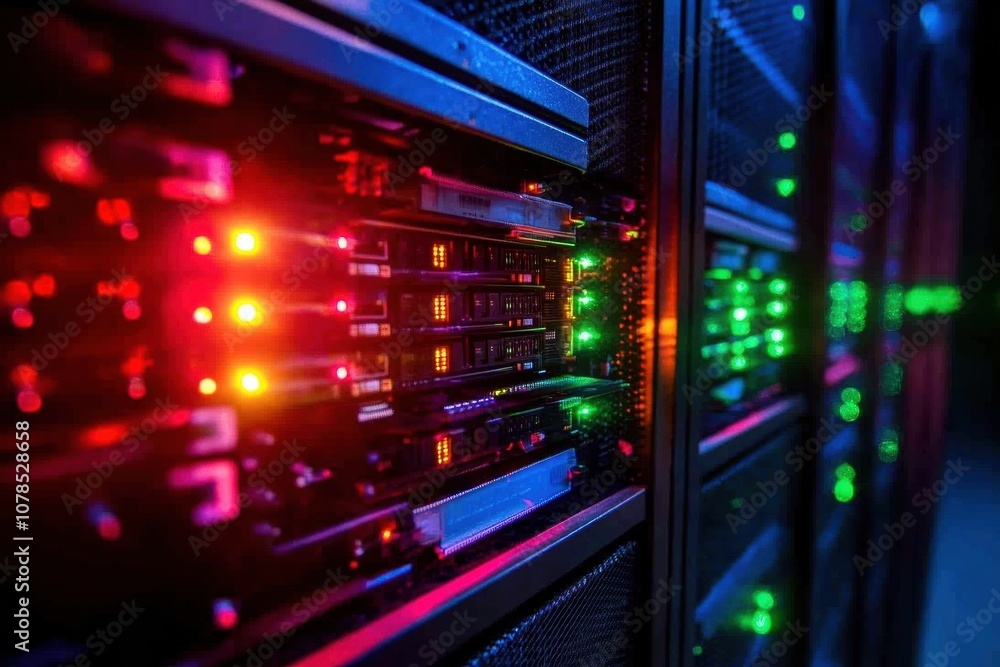 Leinwandbilder blinking indicators on servers illuminate a dark data center, reflecting activity and intense proces