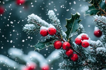Vibrant holly berries covered in fresh snow surrounded by frost tipped evergreen branches capturing the essence of winter beauty and festive cheer