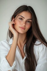 Fototapeta premium A beautiful woman with long hair wearing a white shirt poses for a...