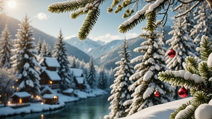 Winter scene with snow-covered trees, red baubles, and cozy houses by a river.