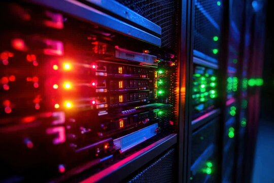 Blinking indicators on servers illuminate a dark data center, reflecting activity and intense processing during the night. Generative AI