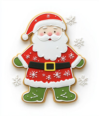 A cartoon-style full-body Santa Claus Christmas cookie sticker with a straight face, red shirt, green belt, and boots, decorated with snowflakes and stars