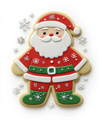 A cartoon-style full-body Santa Claus Christmas cookie sticker with a straight face, red shirt, green belt, and boots, decorated with snowflakes and stars