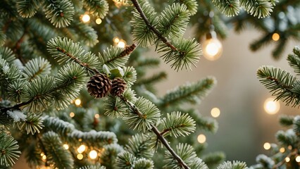 Close-up of a Christmas tree branch with pine cones and twinkling lights.