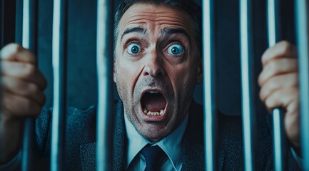 A businessman with an exaggerated expression of shock and despair, behind...