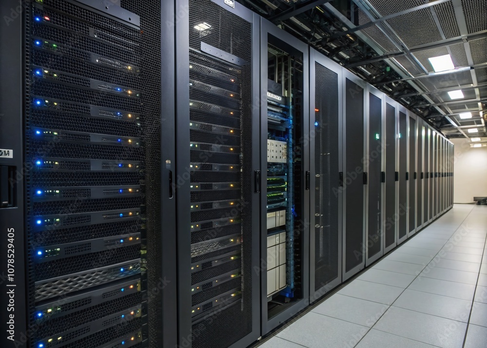 Poster high-tech server racks in data center: a stunning portrait of modern network infrastructure and digi