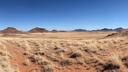 Naklejka premium A panoramic view of a vast, arid desert landscape with red sand dunes and dry grasses in the foreground under a clear blue sky.