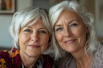 A close-up portrait of two middle-aged women friends, one with short blonde...