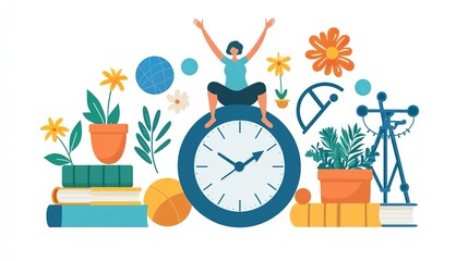 A flat illustration depicting an adult sitting on top and holding up their...