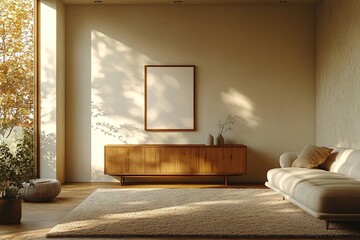 A living room with minimalist, pendant lighting and a combination of Scandinavian and mid century modern interiors with sofa and wood cabinet. Generative AI
