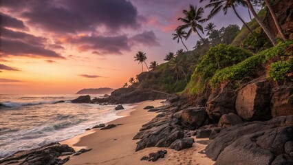 Imaginatively Staged Rocky Coast with Sandy Beach at Sunset, Capturing a Tropical Landscape with Vibrant Colors, Lush Vegetation, and Serene Ocean Waves for Urban Exploration Photography