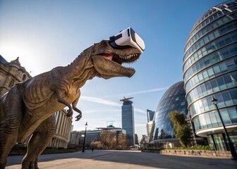 Impressive T-Rex Wearing Futuristic VR Glasses in a Modern Setting with Copy Space for Text, Perfect for Creative Projects and Marketing Campaigns