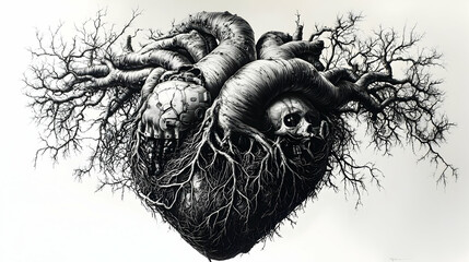 Heart Shaped Tree Illustration with Skull and Mechanical Parts