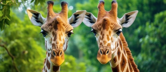 Obraz premium Two giraffes with long necks and spotted patterns looking directly at the camera in a lush green forest.
