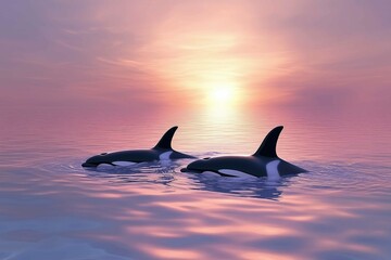 Fototapeta premium Peaceful image of two orcas swimming in the ocean at sunset