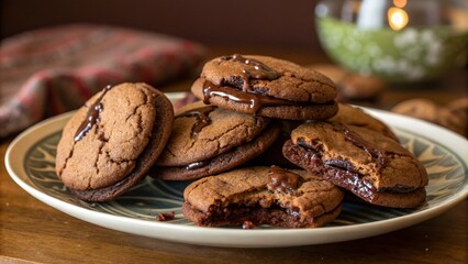 Fototapeta premium Indulgent Double Chocolate Cookies with Rich Filling Displayed in a Panoramic View, Perfectly Baked for Dessert Lovers and Sweet Treat Enthusiasts