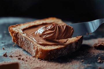 Chocolate and hazelnut sweet cream spreading on sliced toasted bread with a knife