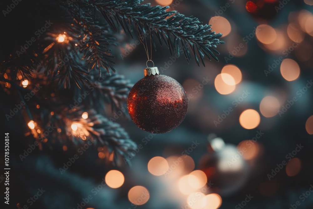 Poster decorative ornaments dangle from a christmas tree, illuminated by sparkling lights, adding a joyful 