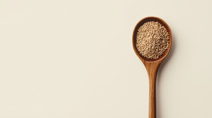 A simple image of a traditional wooden spoon filled with sesame seeds resting on a plain light background symbolizing Lohris traditional foods in minimalistic beauty