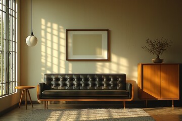 A mid century modern interior in a residential living room with minimalist, black leather sofa and pendant lighting and wood cabinet. Generative AI
