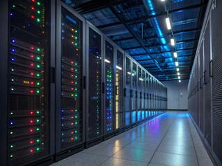 Inside a High-Tech Data Center: A Walkthrough of Rows of Servers with Colorful Indicators and Ambient Lighting, Highlighting Advanced Technology and Modern Infrastructure