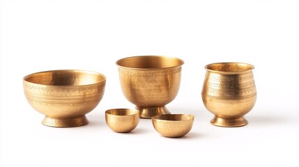 Golden Brassware: A Collection of Ornate Bowls, Chalices, and Goblets. Explore the Beauty of Traditional Ritualistic and Ceremonial Objects.