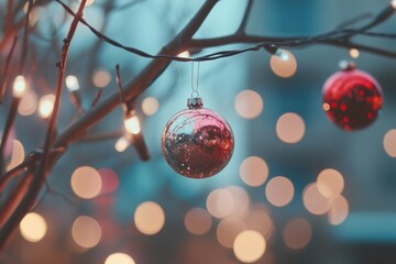 Fototapeta premium Brightly colored ornaments suspended from tree branches, accompanied by shimmering lights, evoke a joyful holiday spirit in winter. Generative AI