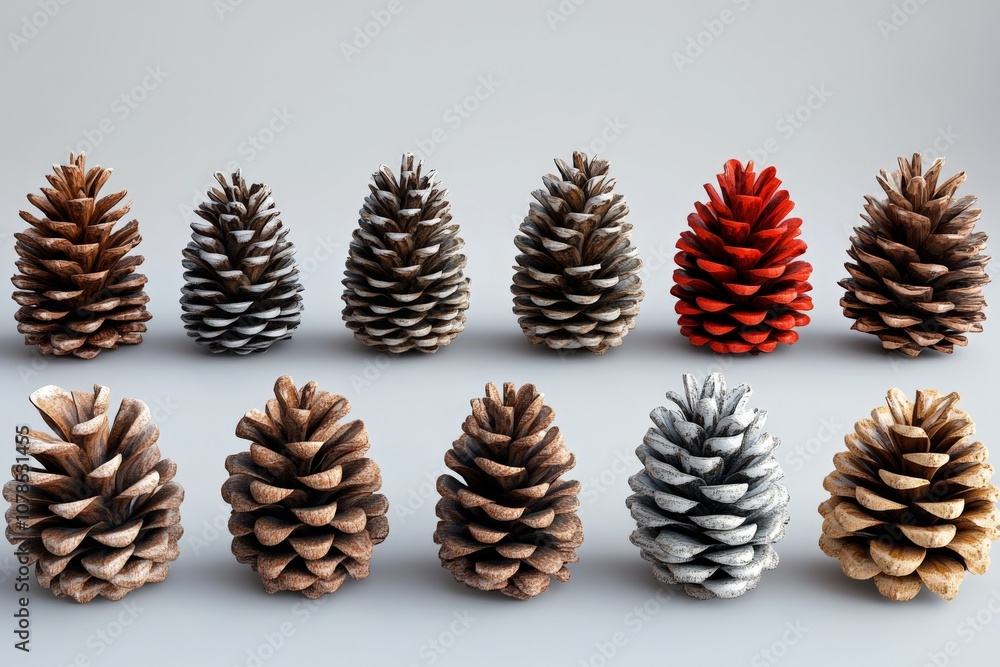 Aufkleber diverse pinecones in assorted colors and sizes displayed in rows on a neutral background emphasizing