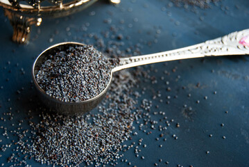 A silver spoon filled with poppy seeds, with scattered seeds around, creating a textured look.