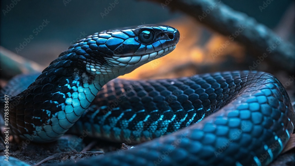 Poster intricate close-up of a black and blue snake with glowing patterns illuminated by soft light in a su
