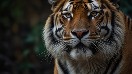 Close-up portrait of a majestic tiger with piercing yellow eyes, looking directly at the camera.