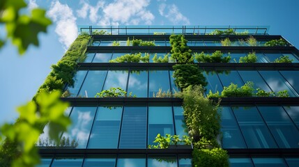 Sustainable glass office building implemented with green solutions AI generated illustration