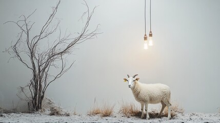 Ethereal Pastoral Scene: A Lone Sheep in a Snowy Landscape Under Glowing Lights