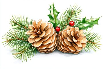 Festive arrangement of pinecones holly berries and fir branches displayed as natural seasonal decor for holiday inspired interior designs
